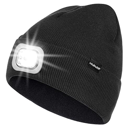 OKKLE Gorro con luz LED, recargable USB, con luz extremadamente brillante, 4 LED, gorro con luz, gorro con lámpara, gorro con linterna frontal para hombre y mujer, Negro , Talla única