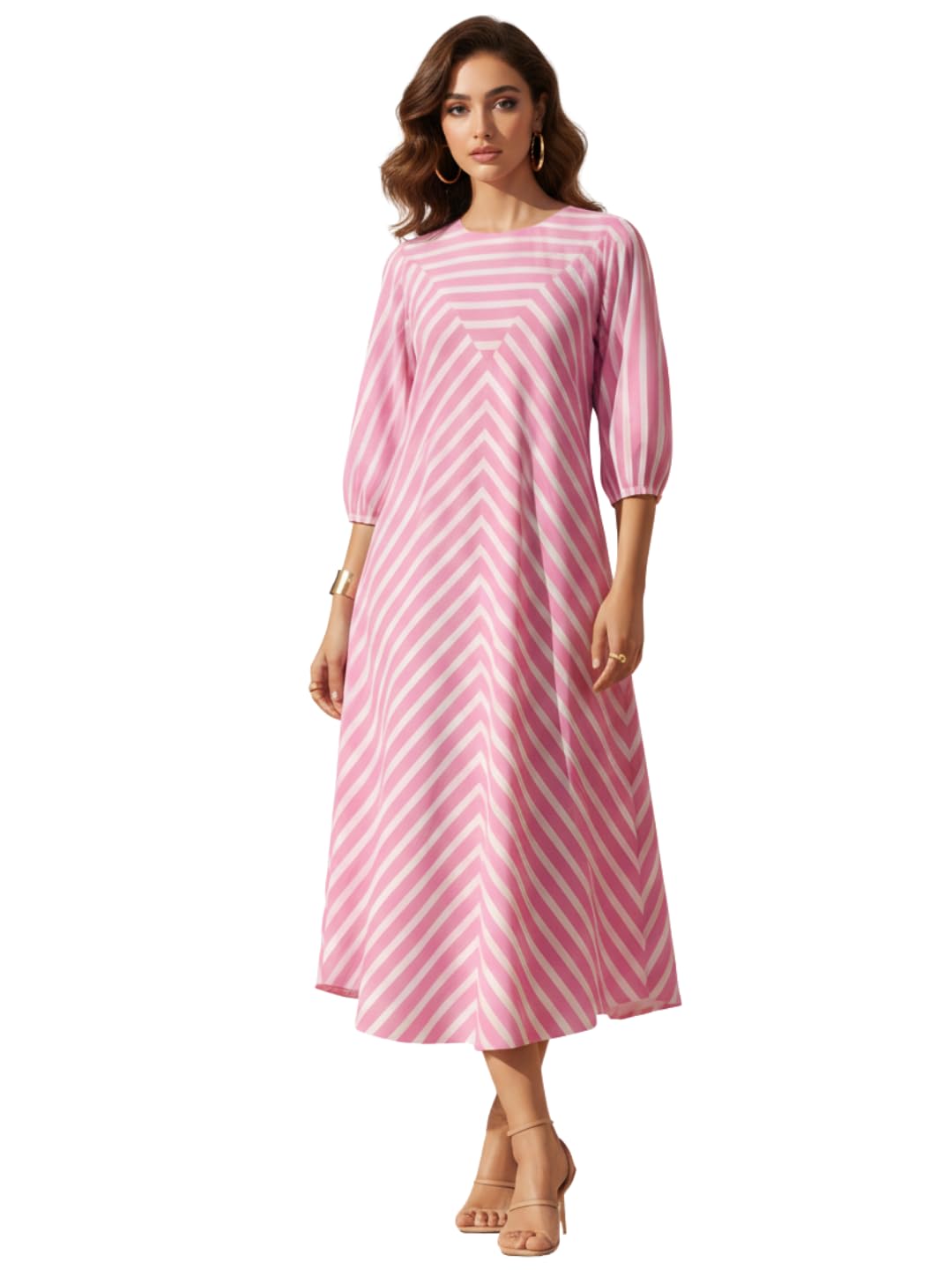 Women's Fuchsia & Pink Striped 100% Pure Cotton A-Line Maxi Dress | Round Neck, 3/4 Cuffed Sleeves, Side Pocket | Casual Day Wear, Vacation & Beach Wear-image-2