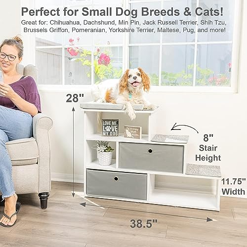PetFusion Pet Step Fenster-Sitzstange mit Aufbewahrungskörben, 20.3 cm Treppenhöhe, multifunktionales modernes Haustiermöbel mit Teppich-Pads und 2.5 cm dickem Premium-Schaumstoff-Sitzpolster