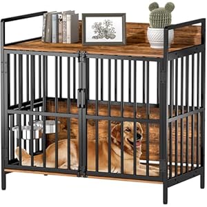 Large Dog Crate Furniture, with 360° Adjustable Elevated Feeder, Heavy Dog Furniture, Indoor Decorative Dog Kennel, Sturdy Metal Construction, 38″ W×21″ D×36″ H, Rustic Brown Finish