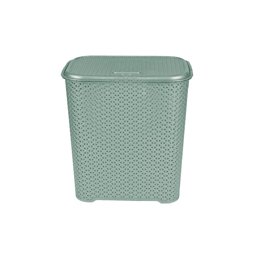 45 Litre Plastic Rattan Style Laundry Hamper Storage Linen Clothes Washing Basket Laundry Basket With Lid and Carry Out Handles Storage Bins For Dirty Clothes Toys Bathroom Bedroom (Silver Sage) — image 1
