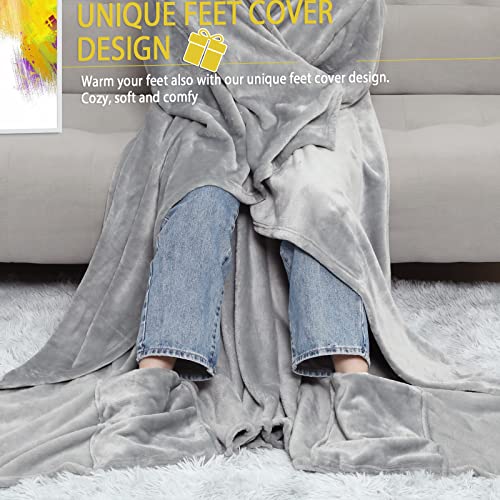 BORPEIN Wearable Blanket With Foot Pocket,Cozy Hug Oversized Wearable Throw Blanket,Soft and Warm for Sofa Lovers for Women Men Adult.One Size Fits All(Gray&White) - Image 4
