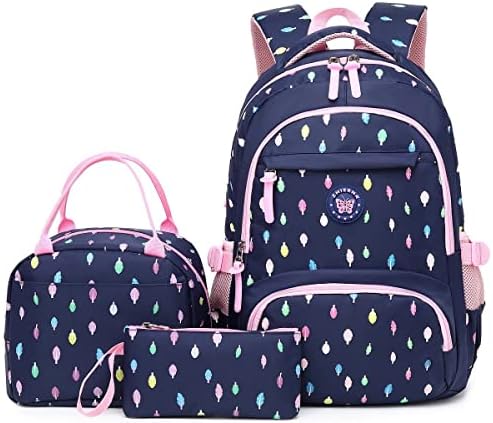 Tanou Backpacks for Teen Girls 3PCs with Lunch Bag Pen Case, Breathable Lightweight Teenager Girl Bookbags for Middle High School University, 24L Cute Back Packs for Day Use, Blue Pink Leaves