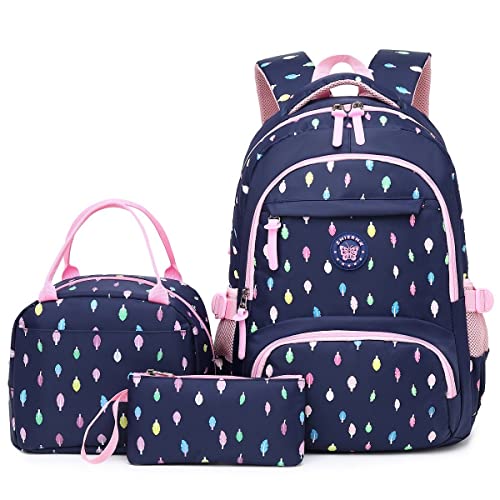 Tanou Backpacks For Teen Girls 3Pcs With Lunch Bag Pen Case, Breathable Lightweight Teenager Girl Bookbags For Middle High School University, 24L Cute Back Packs For Day Use, Blue Pink Leaves #TOP2