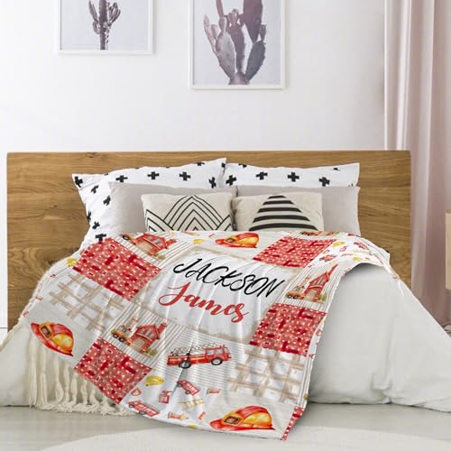 Image of Fire Trucks Firefighter Custom Blanket Gifts Personalized Fire Trucks Throw Blankets for Boys Girls Super Soft Fleece Flannel Air Conditioning Blanket for Couch Bed 50x40 in for Kid