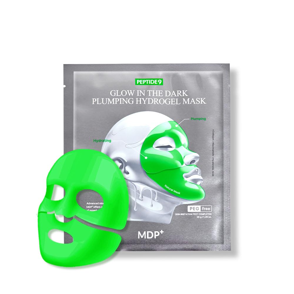 (Exp: 09/25/2026) MDP+ PEPTIDE 9 Glow In the Dark Plumping Hydrogel Mask, Hydrating, 1.26 oz/36 g×5ea, Collagen for elasticity, Pore Minimizing, Plumping Wrinkles