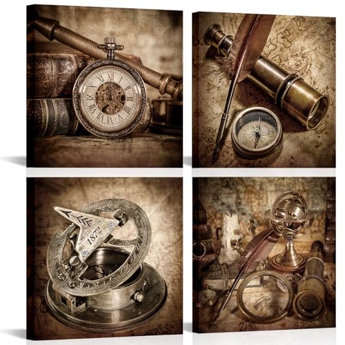 VANSEEING Vintage Nautical Wall Art Canvas Prints Telescope Compass Pocket