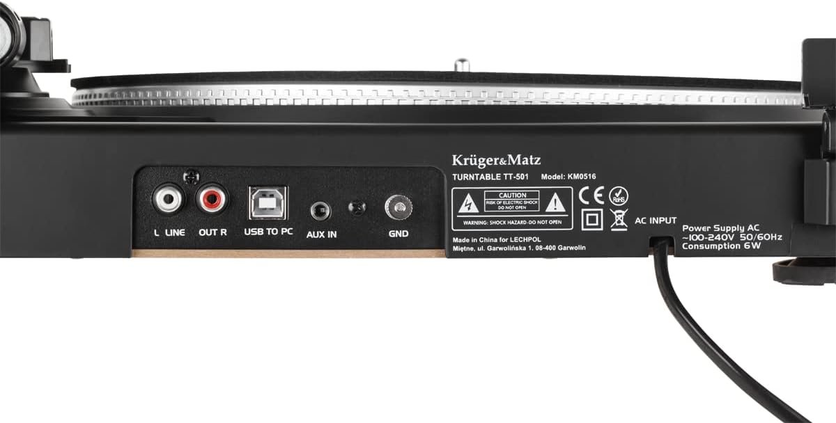 Rear panel of Krüger&Matz TT-501 Turntable showing connection ports