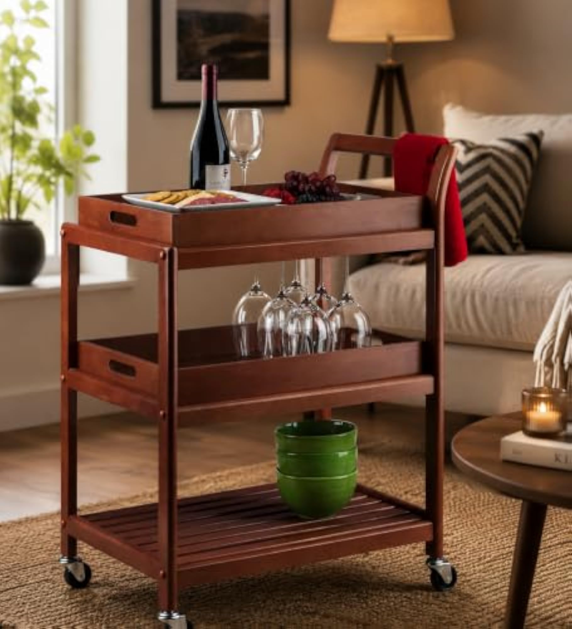 Solid Wood 3-Tier Serving Trolley Cart with Wheels