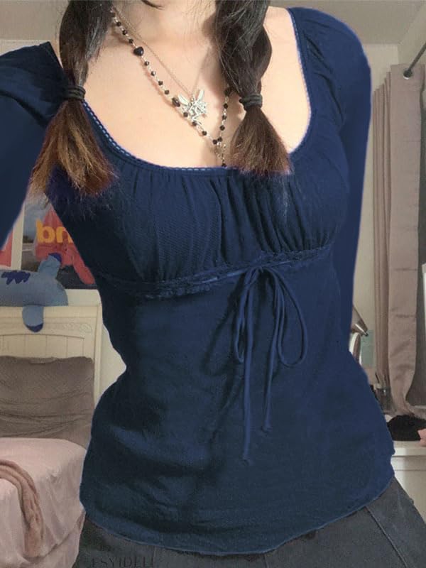 Y2K Mesh Top Women Long Sleeve Shirts Scoop Neck Ruffle Hem Babydoll Blouse - Image 3