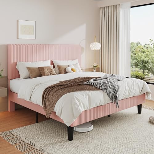 Image of Allewie King Bed Frame, Corduroy Tufted Headboard, Light Pink | Soft Corduroy Fabric, Adjustable Headboard, 1000 lb Capacity, Wooden Slats, No Box Spring Needed, Easy Assembly