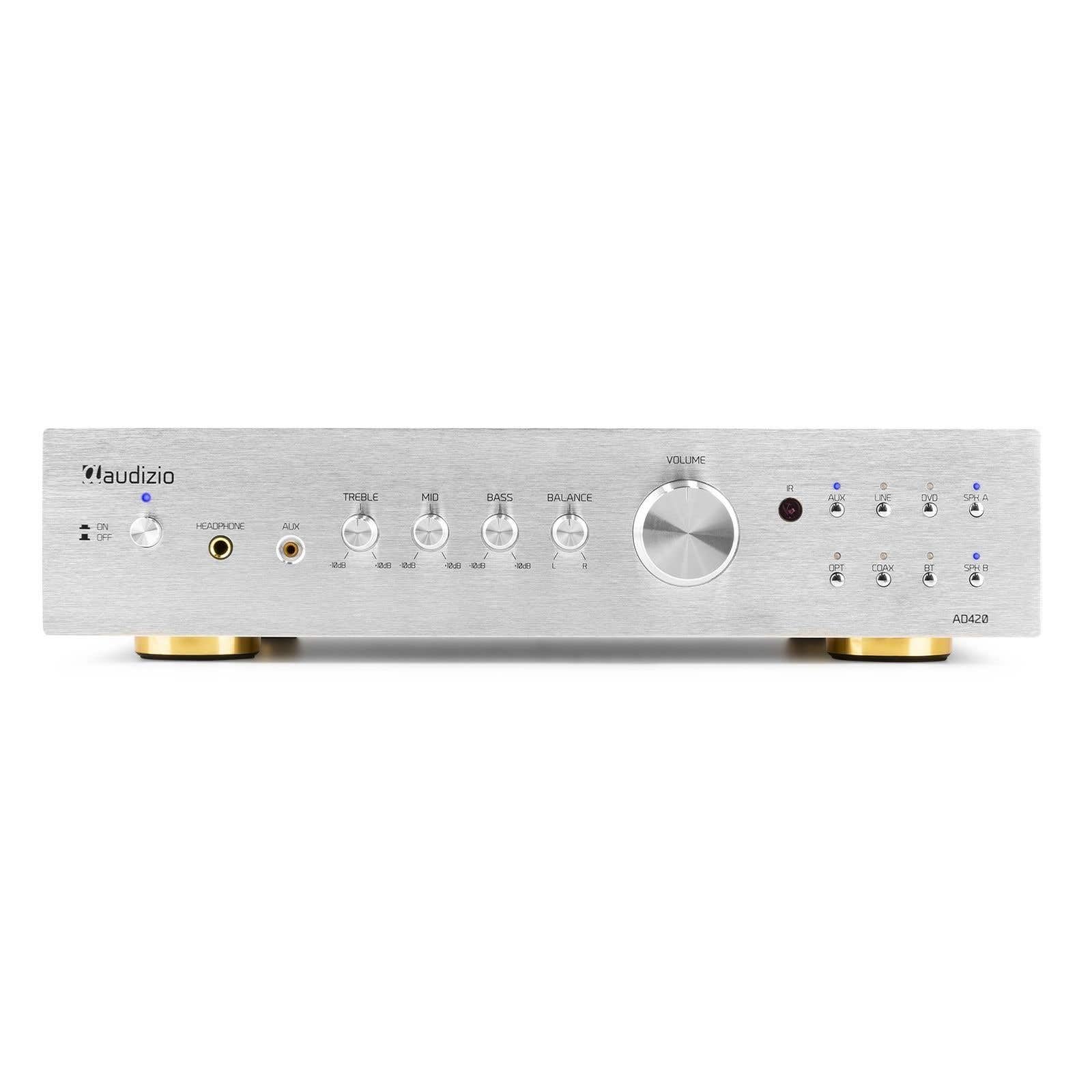 Audizio AD420A Amplificador Hi-FI de 400w (4 Canales x 100w) y Bluetooth, 1 Salida subwoofer, Salida óptica y coaxial, 2 Salidas de Altavoz, MP3, EQ, Ideal para Escuchar tu música, Color Aluminio