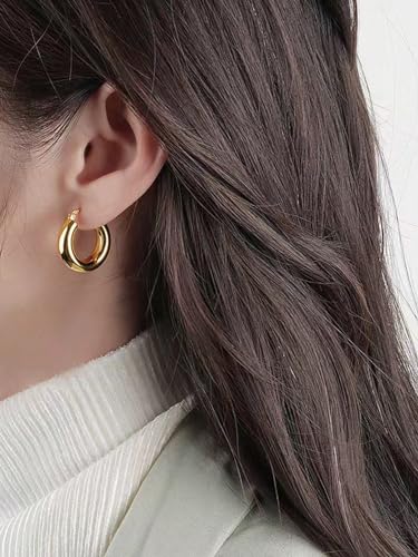 Image of Shining Diva Fashion Anti Tarnish Jewellery Celebrity Inspired 14k Real Gold Plated Simple Plain Link Chain Chunky Huggie Hoop Trendy Stylish Copper Earrings for Women Girls