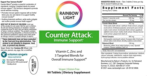 Rainbow Light Counter Attack with Vitamin C and Zinc, Gluten-Free, Vegan, Sugar-Free, 3 Targeted Blends For Overall Immune Support, 90 Tablets