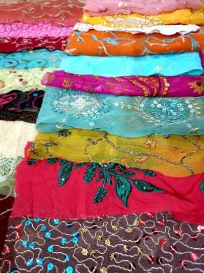 Vintage Fabrics Crafts Sari Georgette Fabric Remnant Embroidered 15 Pieces Sewing Craft Home Decor Scrapbook DUP3