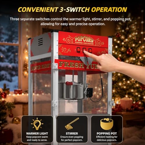 Image of 32oz Commercial Popcorn Machine, Retro Red Pop Corn Popper Cart | 32OZ Non-stick Stainless Steel Kettle, 3-Switch Control, Home Theater Style for Movie Night, Party, Office, School, Business