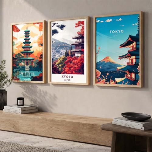 Image of kotart Japanese City View Wall Framed Posters | Aesthetic Japan Theme City View Framed Poster for Living Room Bedroom Gaming Room Studio Wall Decor Set Of 3 (13X17 inch)