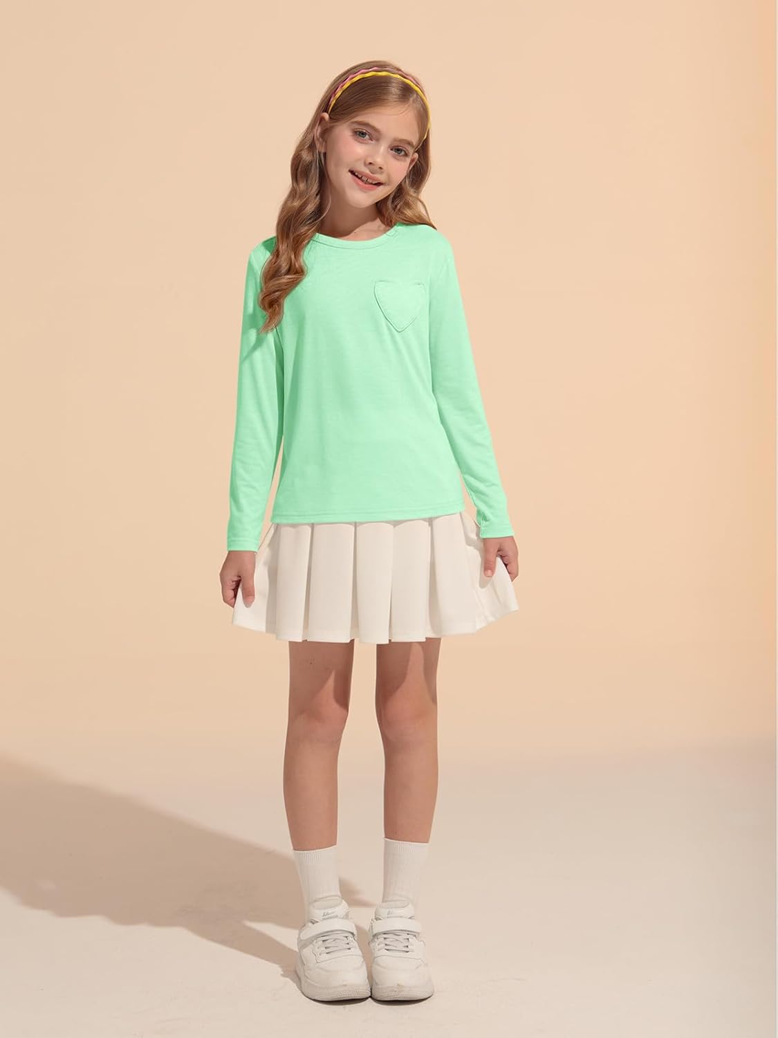 Haloumoning Girls Long Sleeve Heart Pocket T-Shirts Kids Cute Fall Tops Crewneck Basic Tees 5-14 Years - Image 5