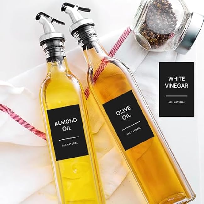 50 Oil and Vinegar Labels for Bottles,Preprinted Condiments Label Stickers for Organizing Oil Dispenser Bottles, Black Matte Minimalist Oil Jar Labels