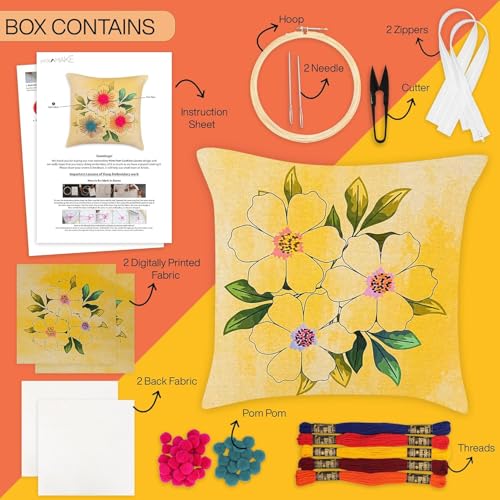 Image of picknMAKE Beginners for Set Kit Embroidery Hand Cover Cushion DIY 2 of Pack - Covers Pillow Cross-Stitch Bloom Floral | Decor Home | 16 inchx16 inch | Pattern Printed Digitally | Included Materials All