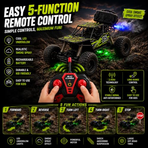 Image of Rock Crawler RC Car with Smoke Spray & LED Lights,Rechargeable Remote Control, High-Speed Off-Road Climbing Car with 5-Function, USB Charging,Toy Car for Kids, (Random Colour as Per Stock)