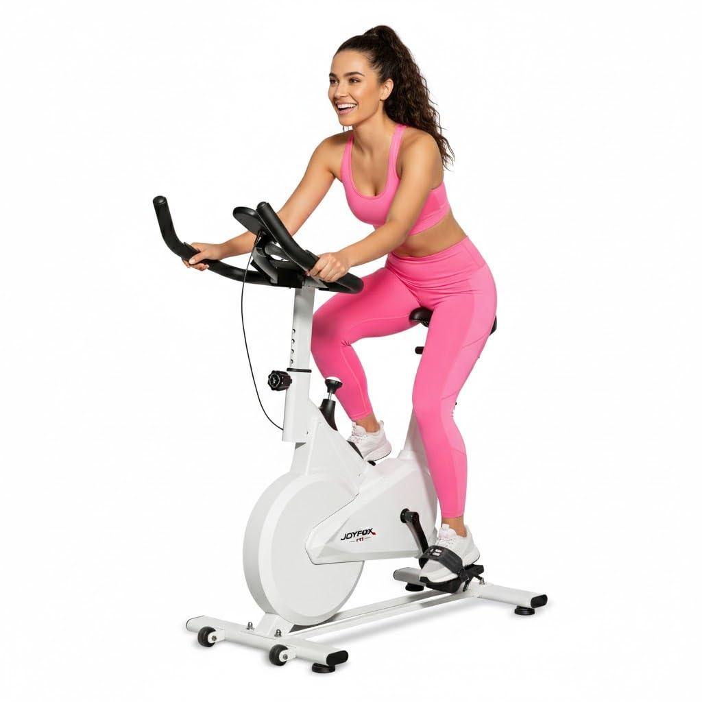 JOYFOX Bicicleta Ergométrica Spinning, Volante de Inércia 8kg, Monitor Digital Cardíaco, Suporta até 100kg, Assento Ajustável, Ideal para Treino em Casa Residencial