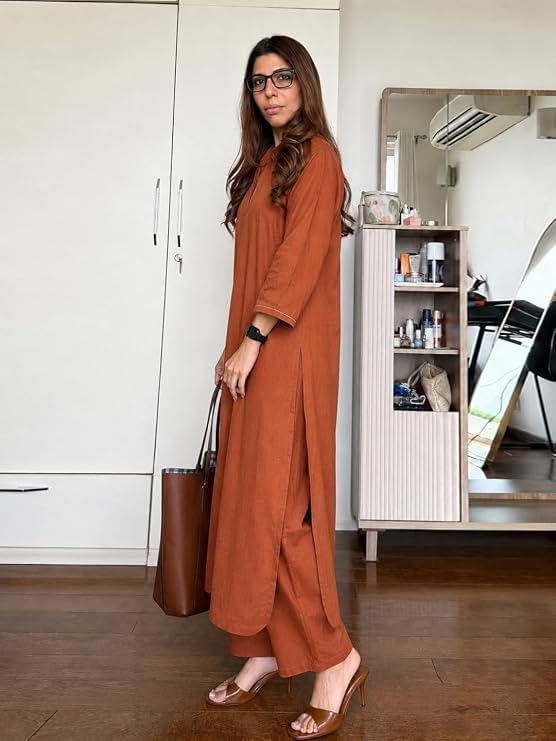 Image of ANNI Designer Cotton Blend Solid Straight Kurta with Palazzo for Women | Cotton Blend Rust | 3 /4 Sleeve | Shirt Collar | Ethnic Wear Casual Wear