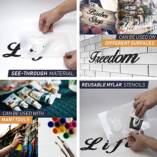 Letter Stencils for Painting on Wood - Alphabet Stencils with Calligraphy Font Upper and Lowercase Letters - Reusable Plastic Art Craft Stencils with Numbers and Signs - Set of 36 PCs 8.27"x5.87" (AA)