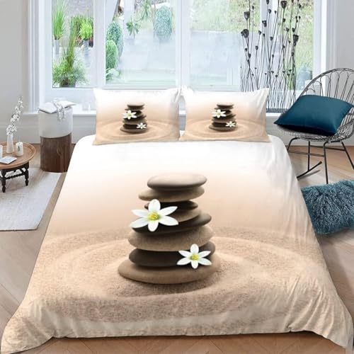 Cailloux Et Magnolias Housse de Couette 160x200 Parure de Lit Zen Microfibre Impression 3D Une House de Couette et Deux Taies d'oreiller (65x65 cm) A.567