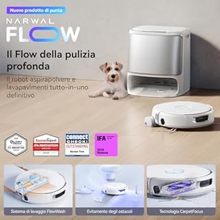 NARWAL Flow Robot Aspirapolvere Lavapavimenti All-in-one FlowWash Autopulizia, Aspirazione 22000Pa, Fotocamera AI, Pulizia Tappeti Autosvuotamento, Acqua 45-80°C e Asciugatura