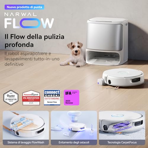 NARWAL Flow Robot Aspirapolvere Lavapavimenti All-in-one FlowWash Autopulizia, Aspirazione 22000Pa, Fotocamera AI, Pulizia Tappeti Autosvuotamento, Acqua 45-80°C e Asciugatura - Immagine 1