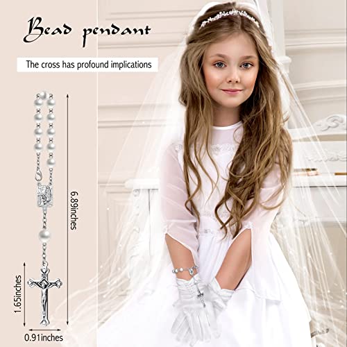 Rtteri 6 Pcs First Communion Veil Gifts for Girls Catholic White Wreath Bow and Floral Veil Headpiece Accessories Set with White Satin Gloves Cross Beads Bracelet for Kids Dress up Wedding2