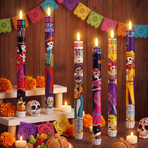 Image of 6 Pack Dia De Los Muertos LED Flameless Taper Candles with Remote, Sugar Skull Skeleton Battery Operated Candles Mexican, Day of the Dead Decorative Candle for Altar Table Home Party Decor