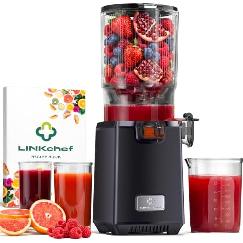 LINKChef Extractor de Zumos Para Frutas y Verduras, Cold Press Juicer 250 W con Boca Ancha de 13 cm, Slow Juicer sin BPA, 1,8 L, Fácil de Limpiar, Recetas Incluidas