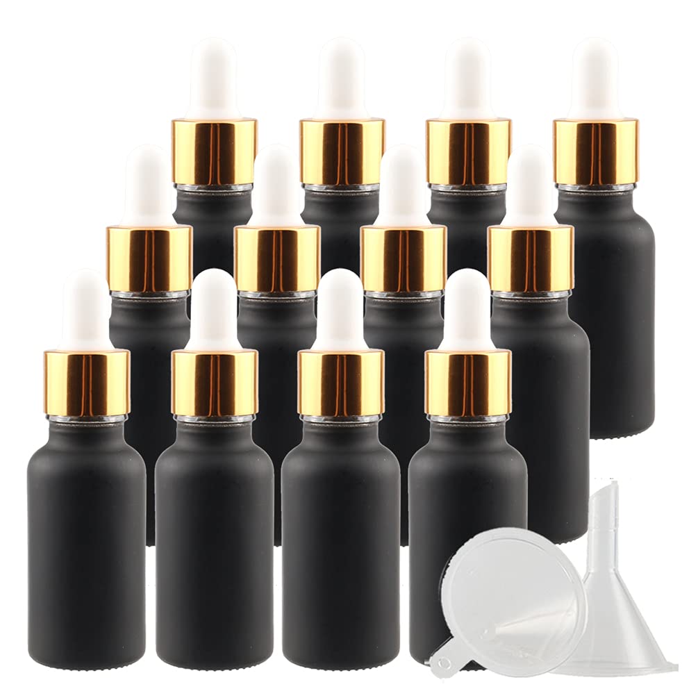 24 Pieza 20ml Negro Mate Botellas de Cristal con Pipeta, 20 ml Frasco Cuentagotas Cristal con Tapón de Rosca Oro, Botella de Vidrio con Cuentagotas para Aceite Esencial Aromaterapia