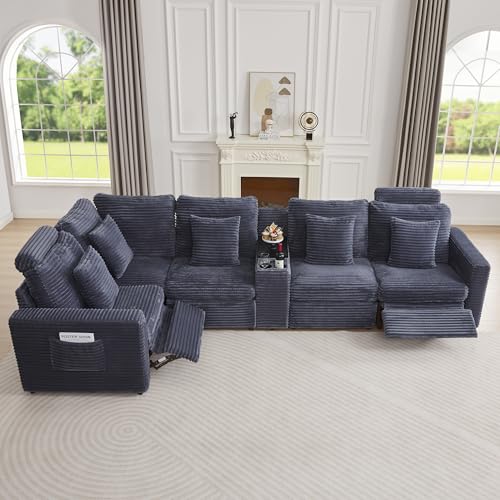 Image of RARZOE Oversized Modular Sectional Sofa with 2 Power Recliner, 5-Seater L-Shaped Corduroy Reclining Couch with Storage Console Charging Cup Holders, Fluffy Reclining Couches for Living Room,Grey