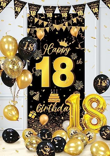 Miniatura 4 de Decoraciones De Cumpleaños Número 18 Para Niños Y Niñas, Globos De Cumpleaños Número 18 Negro Y Dorado Con 18 Globos, Pancarta De Bandera Triangular, Pancarta Decoración De Suministros De Fiesta De