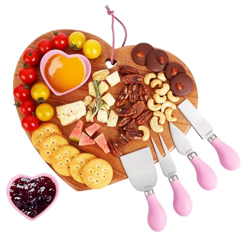 hecef 7 pcs Plateau Fromage en Bois, Plateau Aperitif avec Couteaux à Fromage et Bols en Céramique, Plateau de Service pour Cadeaux d'anniversaire, Noël,...