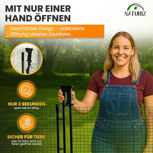 NATURIZ® Weidezaun Tor mit Einhand-Öffnung – mobiles Zauntor für Camping, Garten & Weide – Weidetor mit schnellem Auf- & Abbau, ohne Strom