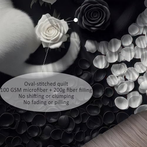 Image of Rose Cat Comforter Set Full Size Cute Black and White Animal Bedding Sets for Girls Boys Kids Adults Bedroom Decor Lover Romantic Quilt 1 Comforter 2 Pillowcases