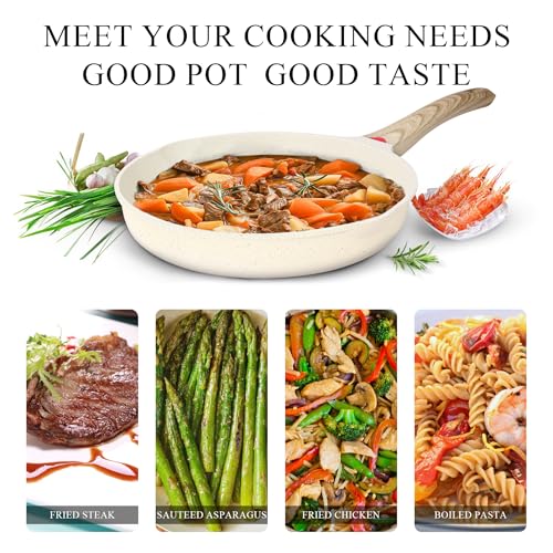 Image of Vinchef 8 Inch White Nonstick Skillet, French Cream Shallow Fry Pan, Induction Compatible, Scratch-Resistant Ceramic Coating