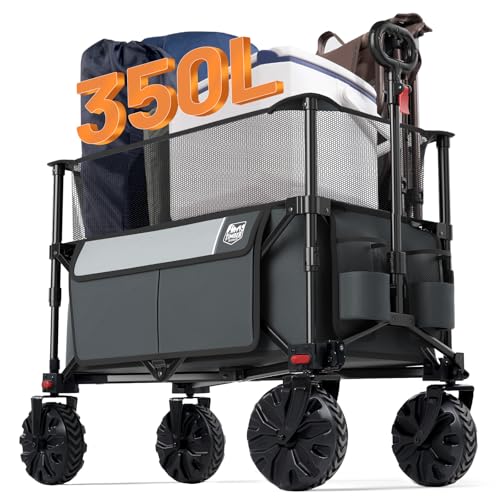 Image of Timber Ridge Foldable Wagon 350L Extendable Height, Large Capasity Collapsible Wagon Cart with All Terrians Detachable Wheels, Compact Folding Utility Wagon for Camping, Fishing, Shopping Grey