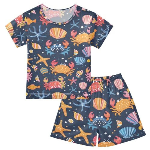 ALAZA Colorful Crab Seashell Starfish Blue Pajamas Short Sleeve 2 Piece Sleepwear Top and Bottom Pajama Set Unisex