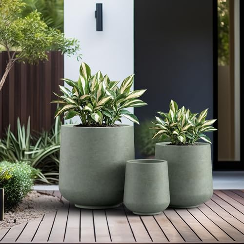 Image of Kante Set of 3 Mint Green Concrete Curved Planters 16.5 inch 13 inch 9.4 inch Dia | Drainage for Outdoor, Rubber Plug for Indoor Home, All-Weather Cement Pot, Handcraft, Lightweight & Durable, Anti-UV, Round