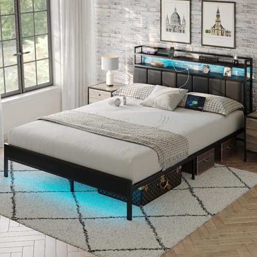 Image of Full Size Bed Frame with Upholstered Headboard and 2-Tier Storage Shelves | Metal / Charging Station / LED Lights / Noise Free / No Box Spring Needed / Black
