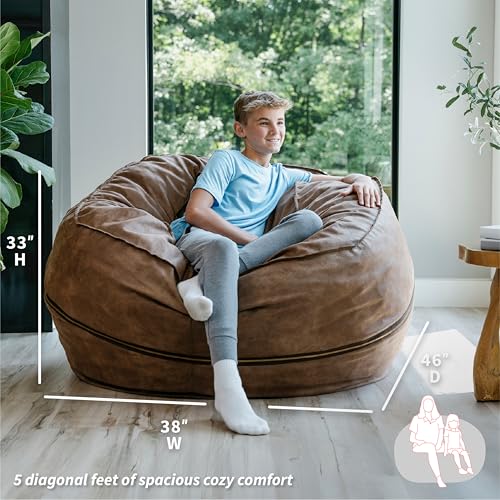 Image of Big Joe Fuf 5Ft Oversized Foam Bean Bag Chair with Removable Cover for Kids, Teens, Adults, Coffee Soft Vegan Leather, 5 Foot Large Reading and Gaming Seat