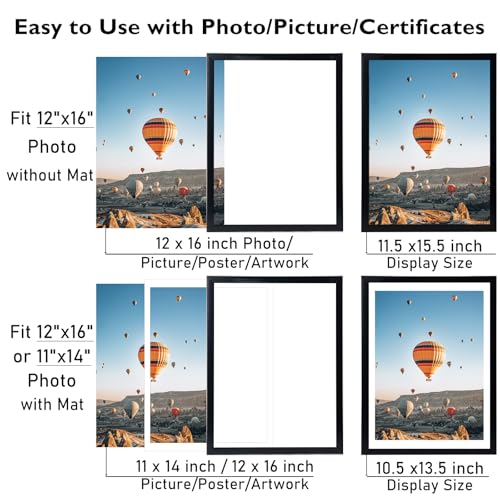 Image of JCJMY 12x16 Picture Frame Black with 11x14 Mat, Display Photo 11x14 with Mat or 12 x 16 Without Mat, Wall Hanging Large Frame with Plexiglass, Black