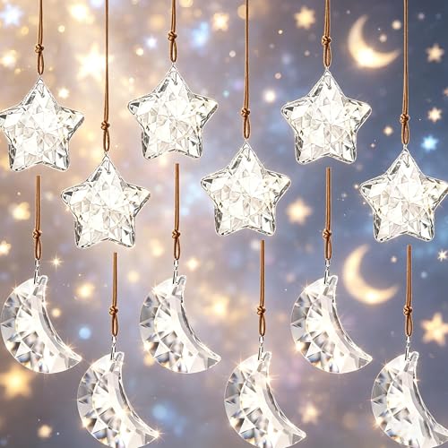 LOULIQIGIFT 12pcs Glass Star and Moon Ornaments Clear Hanging Crystal Prisms Ornaments for Chandelier Parts Home Office Window Decor for Mothers Day Birthday Party