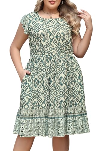 Image of Keluummi Plus Size Midi Dress for Curvy Women Wedding Guest Summer Floral Empire Waist Short Sleeve with Pockets