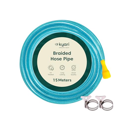 Image of Kyari Garden Hose Pipe Braided 15 Meter 0.5 Inch with Nozzle & Clamp - Heavy-Duty Flexible PVC Water Pipe for Home Garden, Plants, Car Wash, Cooler Filling, Balcony & Outdoor Use